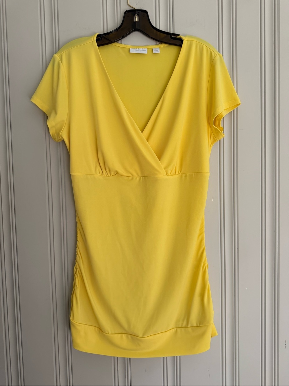 New York & Company Yellow Surplice Short Sleeve Top